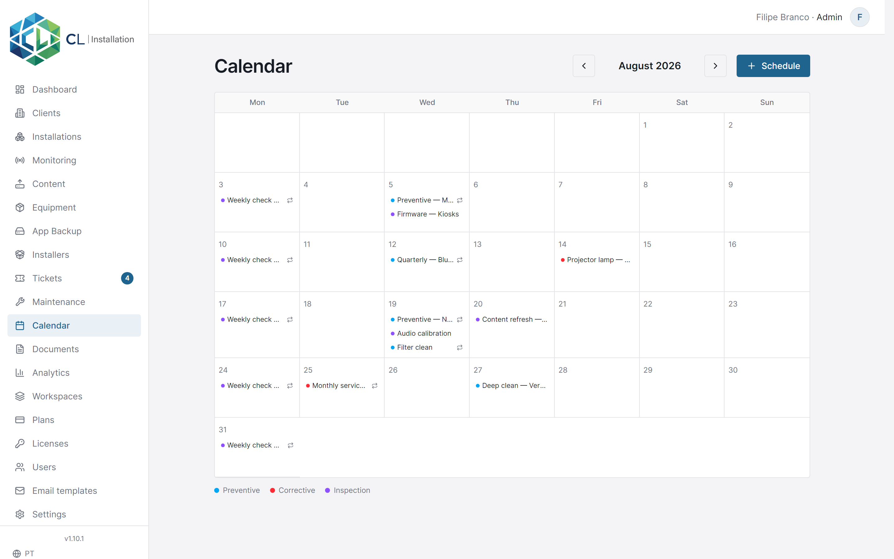 Maintenance calendar in the CL Installation cloud manager